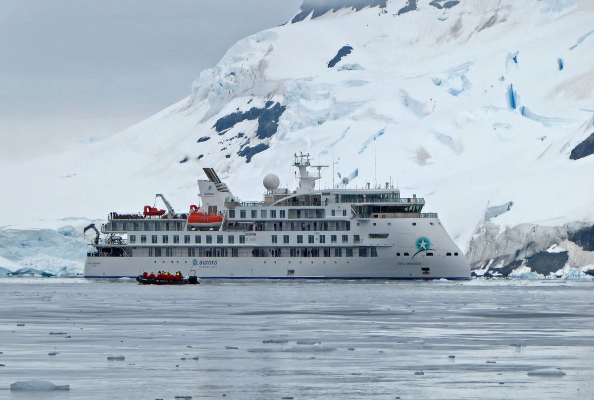 Greg Mortimer, Aurora Expeditions' X-Bow ship, anchored near an Antarctic glacier