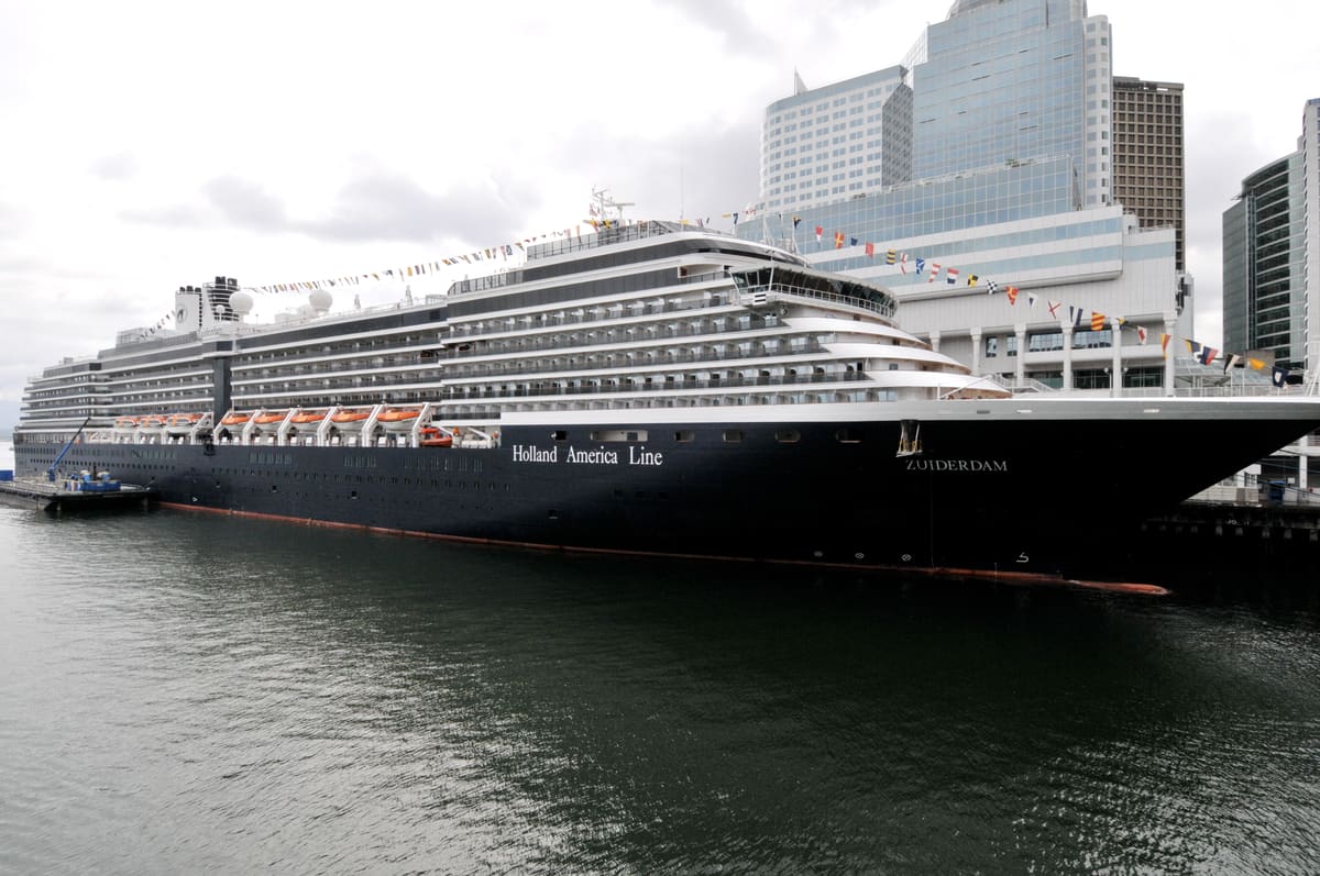 Zuiderdam, a Holland America Line large cruise ship, docked in port