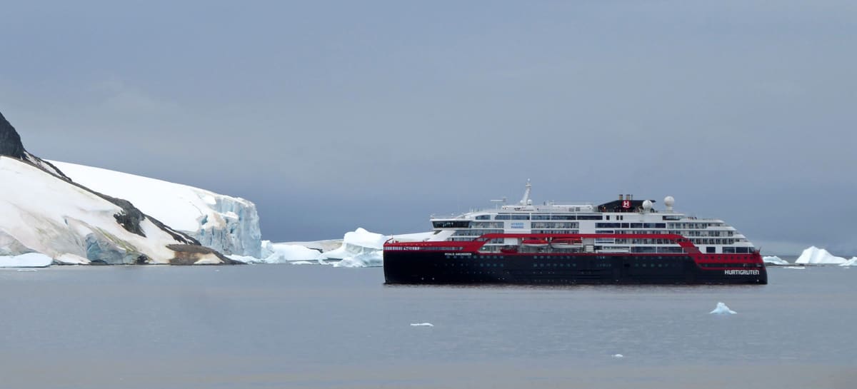 MS Roald Amundsen, Hurtigruten/HX hybrid expedition ship, off the Antarctic coast