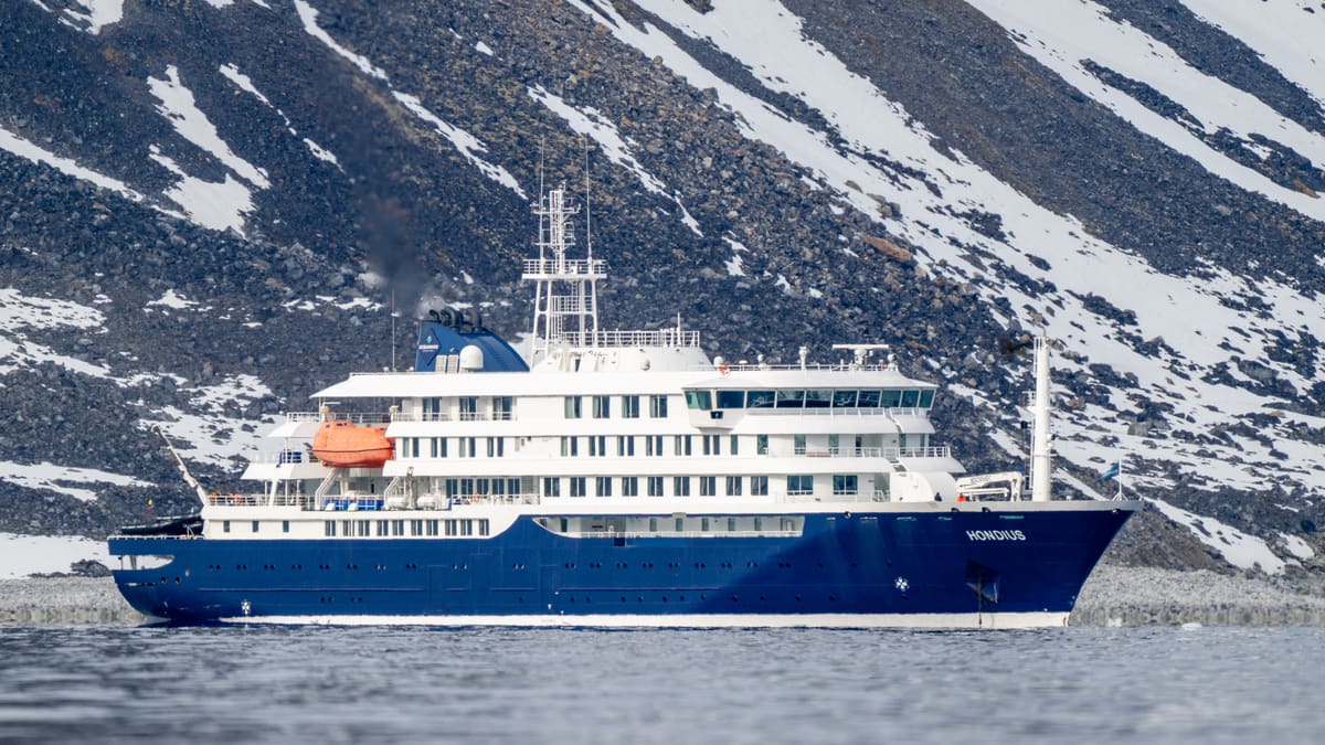 Hondius, one of Oceanwide Expeditions' smaller ice-class ships, anchored near Svalbard